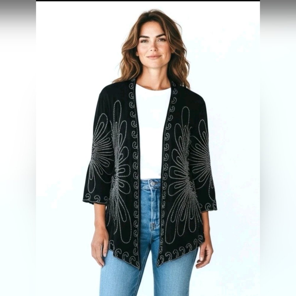 Objects D'art Black Open Front Artsy Embroidered Cardigan,  Size XL